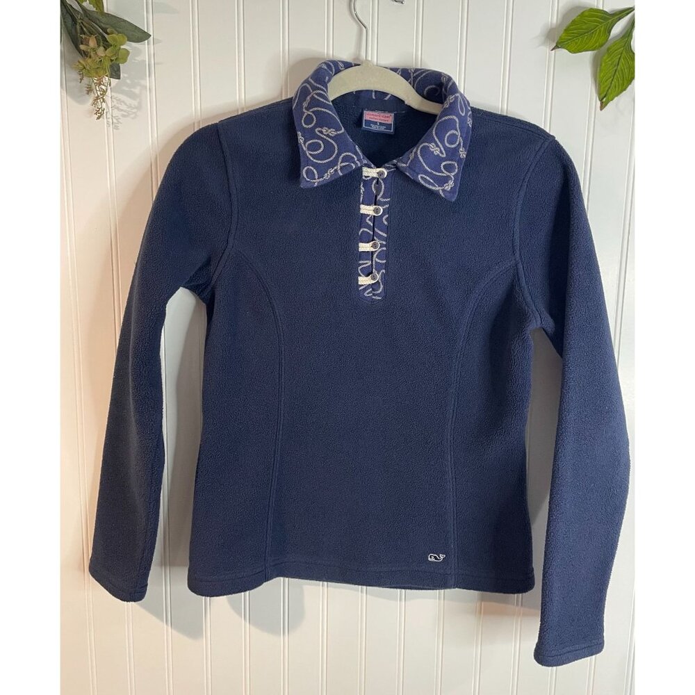 Vineyard Vines Womens Navy Fleece Pullover With Patterned Collar Logo Size S